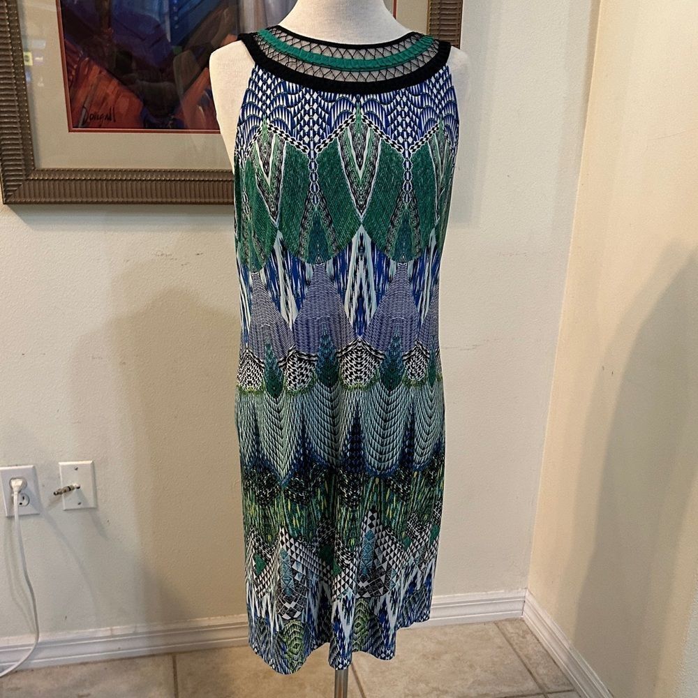 Sandra Darren Green/Blue Patterned Dress w/ Netted Neckline Size Large
